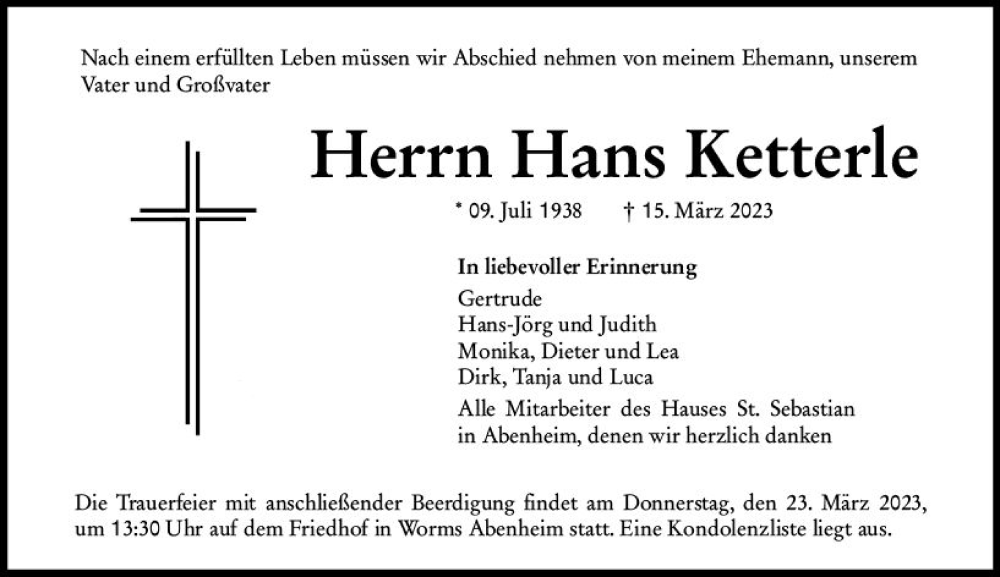  Traueranzeige für Hans Ketterle vom 18.03.2023 aus Wormser Zeitung