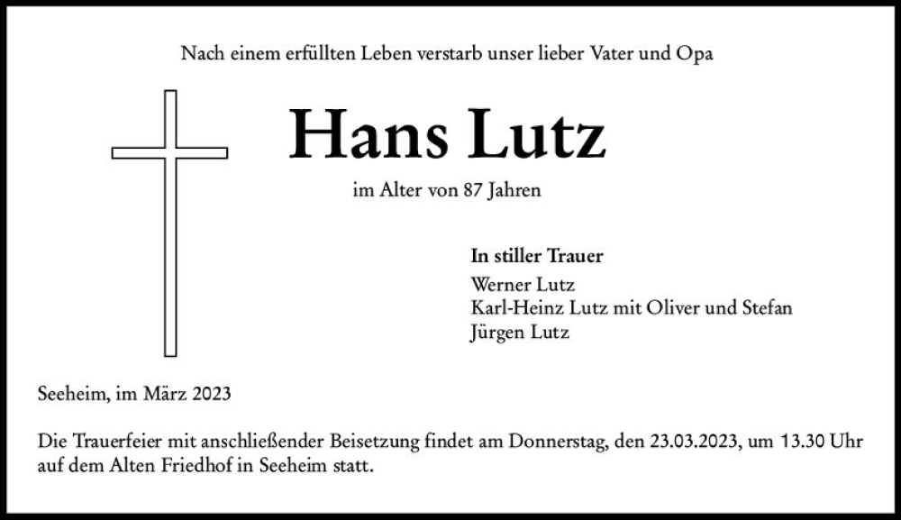  Traueranzeige für Hans Lutz vom 18.03.2023 aus Darmstädter Echo