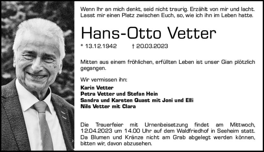  Traueranzeige für Hans-Otto Vetter vom 01.04.2023 aus Darmstädter Echo