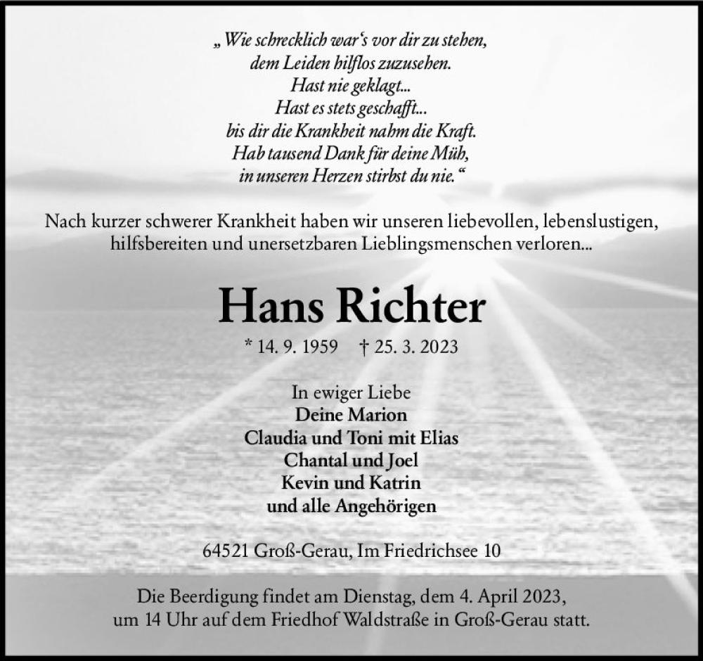  Traueranzeige für Hans Richter vom 01.04.2023 aus Groß-Gerauer Echo