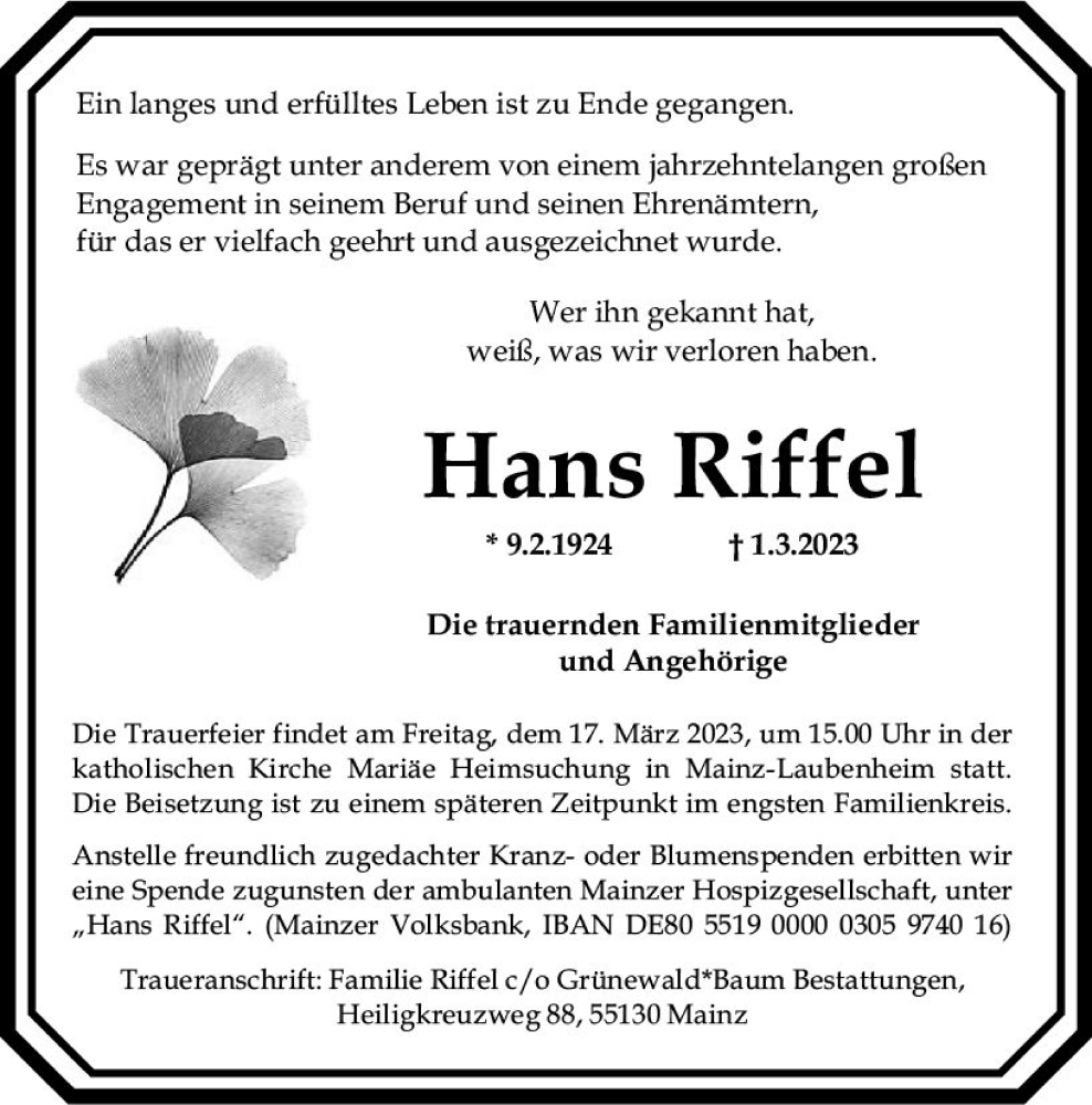 Traueranzeige für Hans Riffel vom 04.03.2023 aus Allgemeine Zeitung Mainz