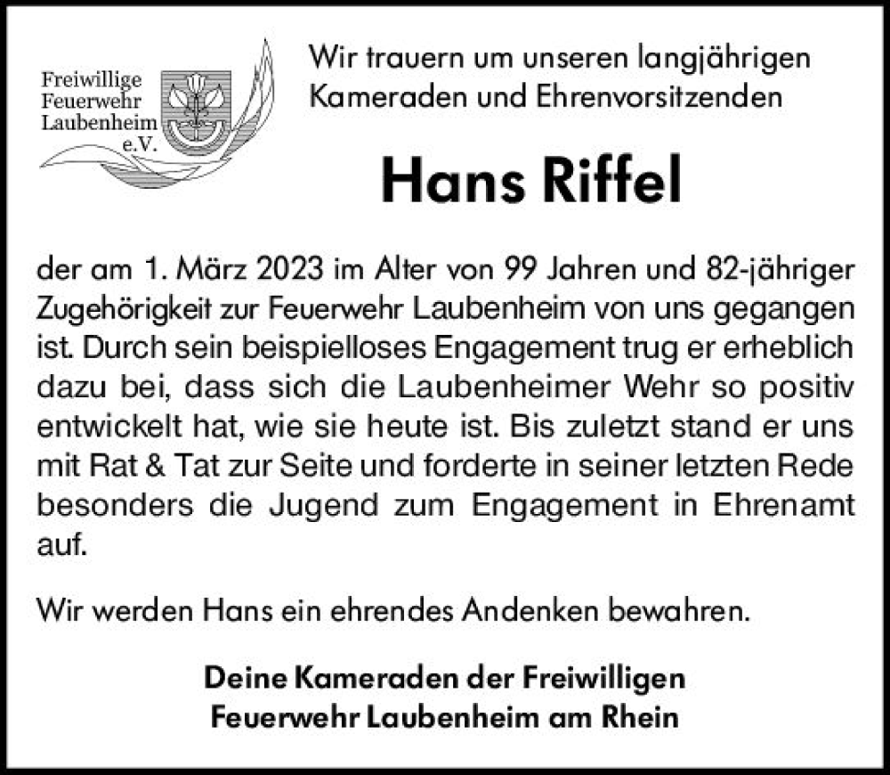  Traueranzeige für Hans Riffel vom 11.03.2023 aus Allgemeine Zeitung Mainz