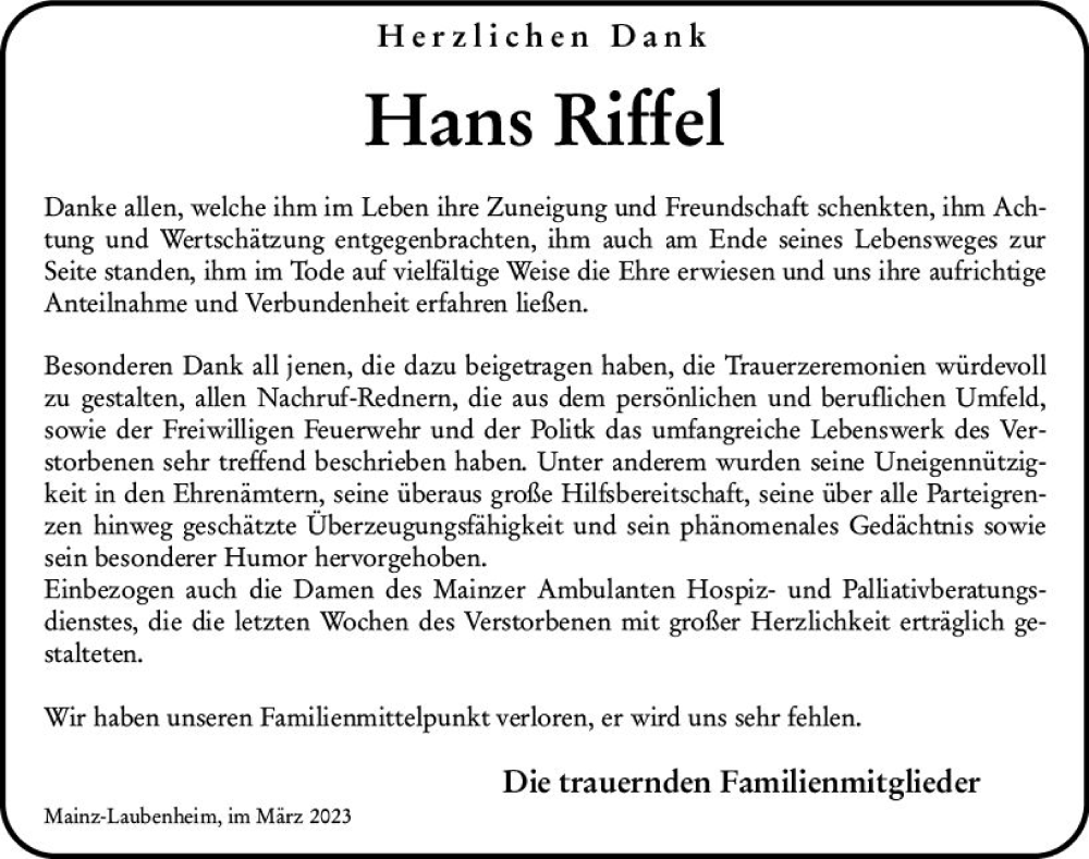 Traueranzeige für Hans Riffel vom 25.03.2023 aus Allgemeine Zeitung Mainz