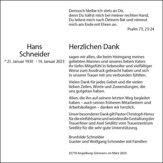 Traueranzeige von Hans Schneider von Hinterländer Anzeiger