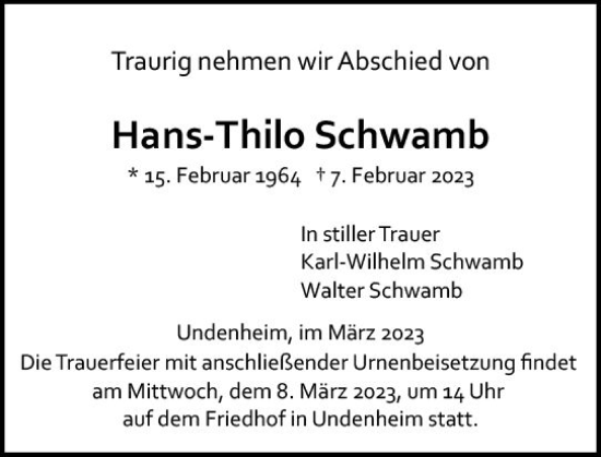 Traueranzeige von Hans-Thilo Schwamb von Allgemeine Zeitung Mainz