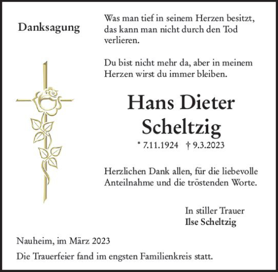 Traueranzeige von Hans Dieter Scheltzig von Rüsselsheimer Echo
