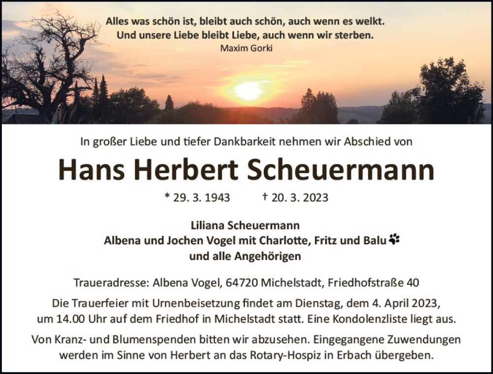  Traueranzeige für Hans Herbert Scheuermann vom 25.03.2023 aus Odenwälder Echo