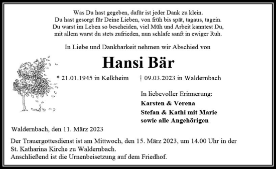 Traueranzeige von Hansi Bär von Weilburger Tageblatt
