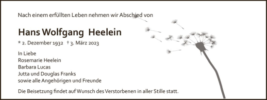 Traueranzeige von Hans Wolfgang Heelein von Allgemeine Zeitung Mainz
