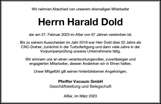 Traueranzeige von Harald Dold von Wetzlarer Neue Zeitung