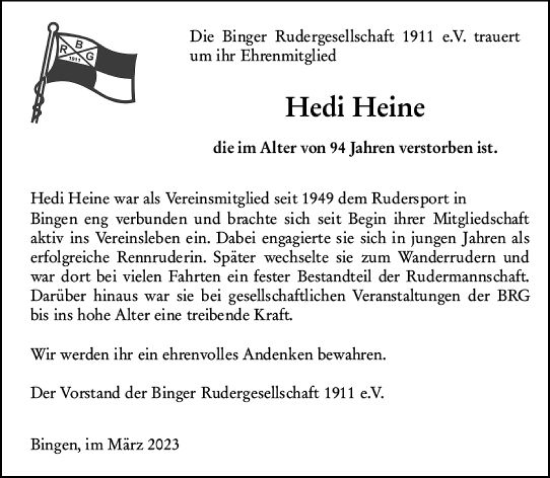 Traueranzeige von Hedi Heine von Bingen/Ingelheim WOBL inkl. Neue Binger Ztg.
