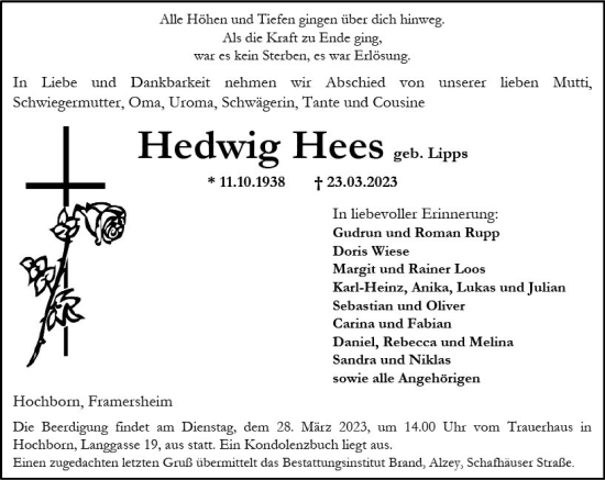 Traueranzeige von Hedwig Hees von Allgemeine Zeitung Alzey