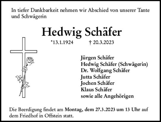 Traueranzeige von Hedwig Schäfer von Wormser Zeitung