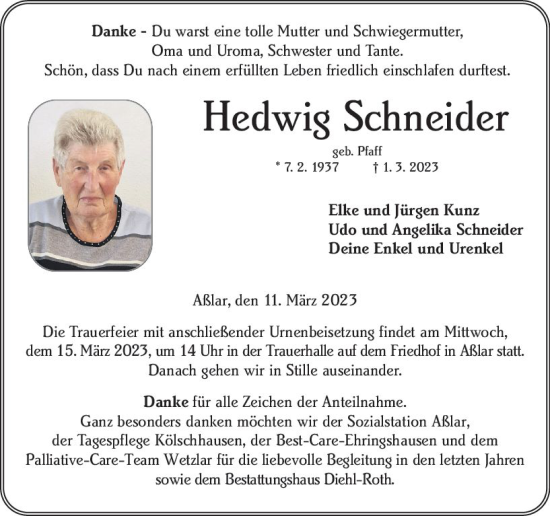 Traueranzeige von Hedwig Schneider von Wetzlarer Neue Zeitung