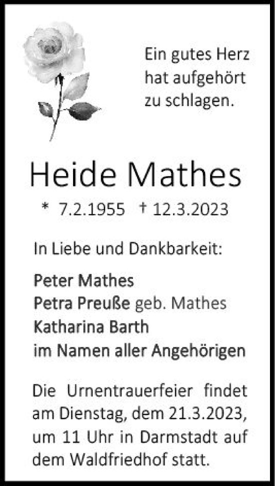 Traueranzeige von Heide Mathes von Darmstädter Echo