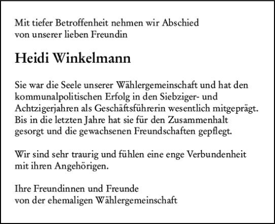 Traueranzeige von Heidi Winkelmann von Darmstädter Echo