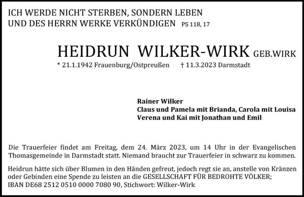  Traueranzeige für Heidrun Wilker-Wirk vom 18.03.2023 aus Darmstädter Echo