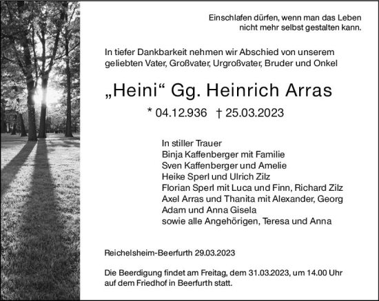 Traueranzeige von Heinrich Arras von Odenwälder Echo
