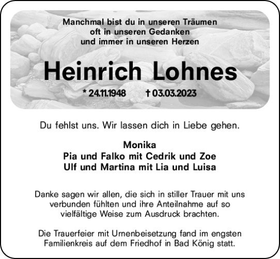Traueranzeige von Heinrich Lohnes von Odenwälder Echo