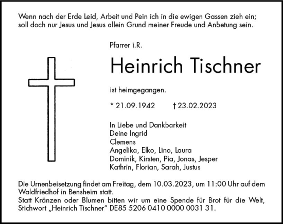 Traueranzeige von Heinrich Tischner von Groß-Gerauer Echo