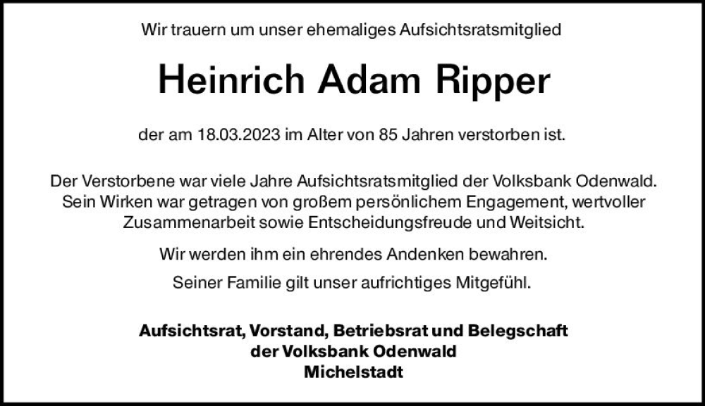  Traueranzeige für Heinrich Adam Ripper vom 25.03.2023 aus Odenwälder Echo