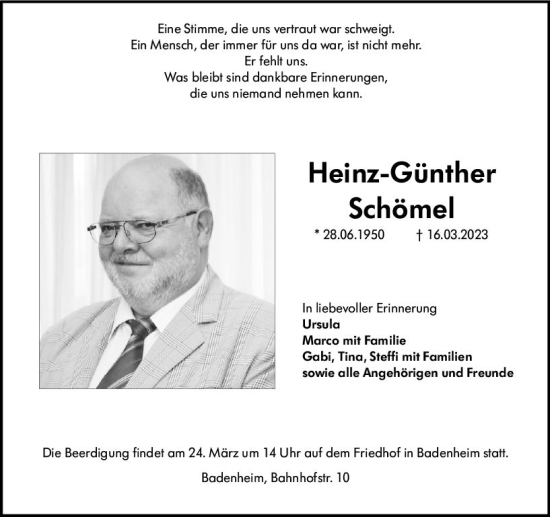 Traueranzeige von Heinz-Günther Schömel von Allgemeine Zeitung Bad Kreuznach