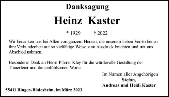 Traueranzeige von Heinz Kaster von Allgemeine Zeitung Bingen/Ingelheim