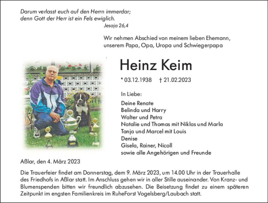 Traueranzeige von Heinz Keim von Wetzlarer Neue Zeitung