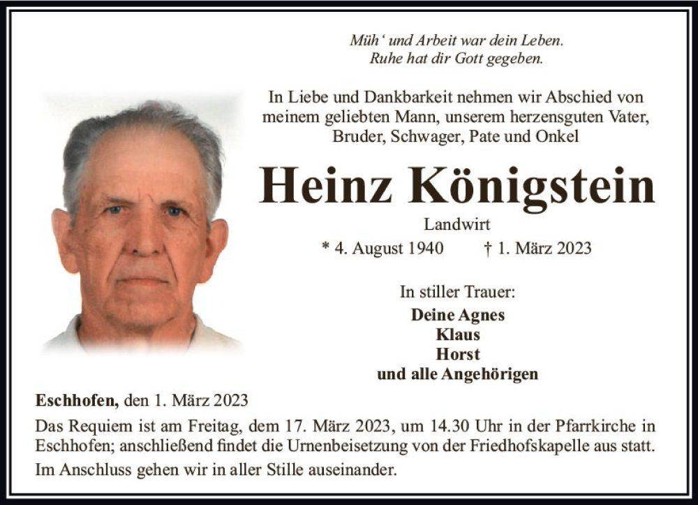  Traueranzeige für Heinz Königstein vom 11.03.2023 aus Nassauische Neue Presse
