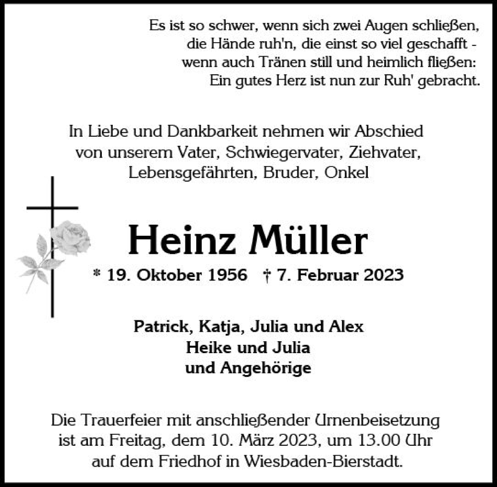  Traueranzeige für Heinz Müller vom 04.03.2023 aus Wiesbadener Kurier