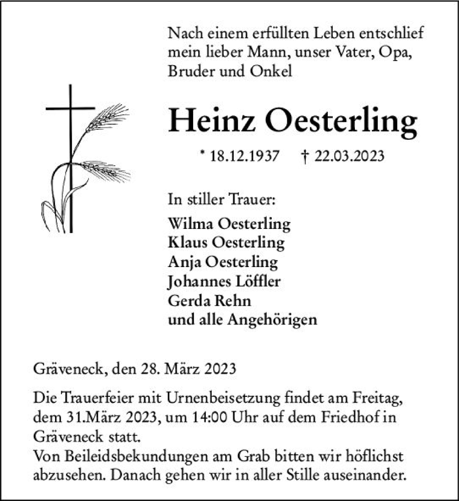  Traueranzeige für Heinz Oesterling vom 28.03.2023 aus Weilburger Tageblatt