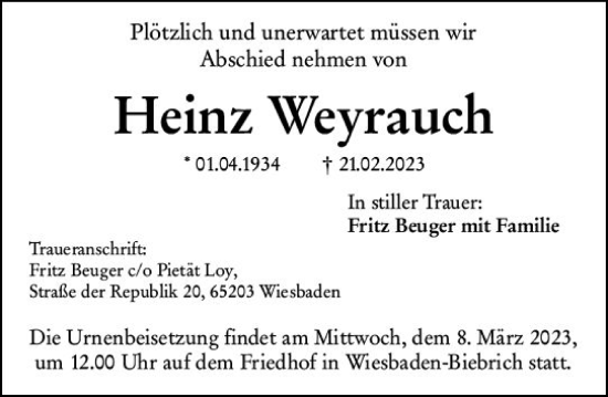 Traueranzeige von Heinz Weyrauch von Wiesbadener Kurier