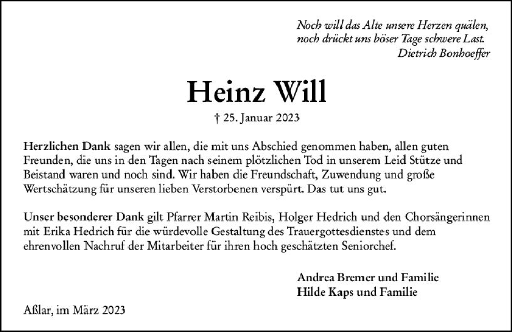  Traueranzeige für Heinz Will vom 11.03.2023 aus Dill Block