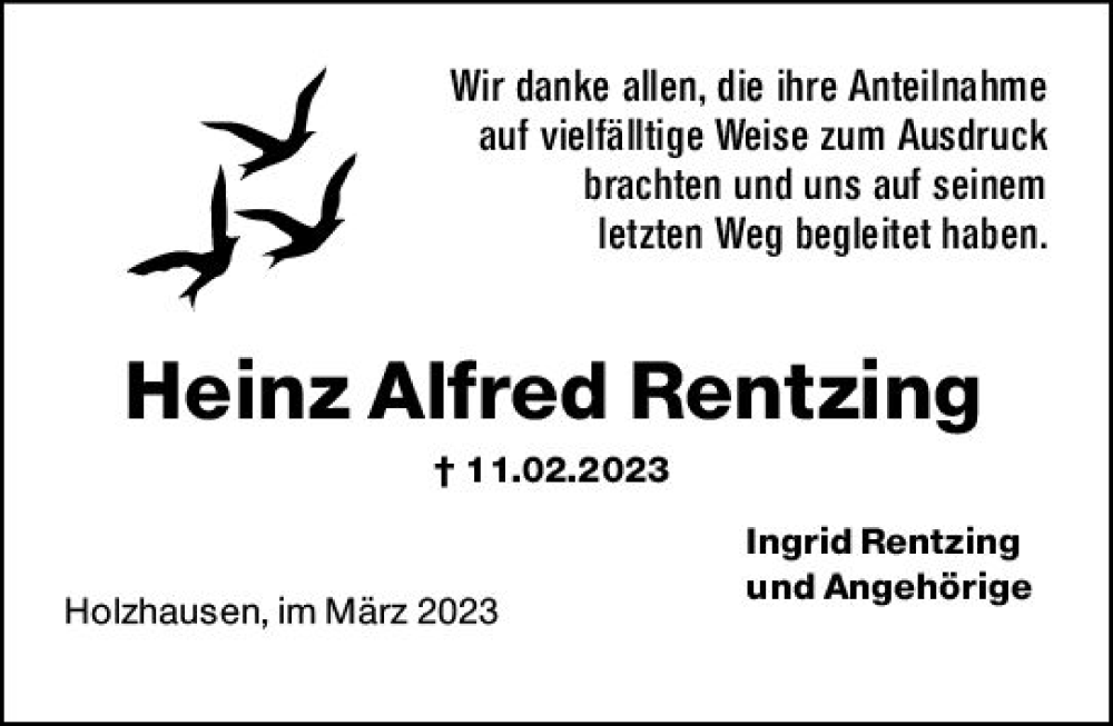  Traueranzeige für Heinz Alfred Rentzing vom 28.03.2023 aus Hinterländer Anzeiger