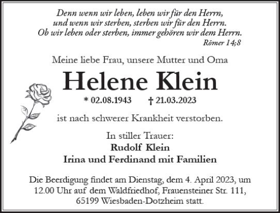 Traueranzeige von Helene Klein von Wiesbadener Kurier