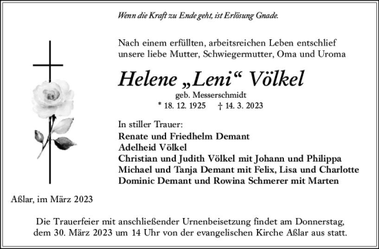 Traueranzeige von Helene Völkel von Wetzlarer Neue Zeitung