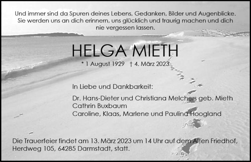  Traueranzeige für Helga Mieth vom 08.03.2023 aus Darmstädter Echo