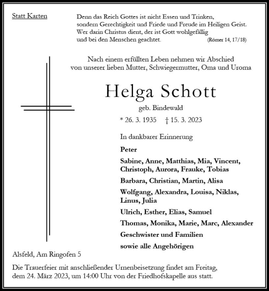 Traueranzeige von Helga Schott von Oberhessische Zeitung