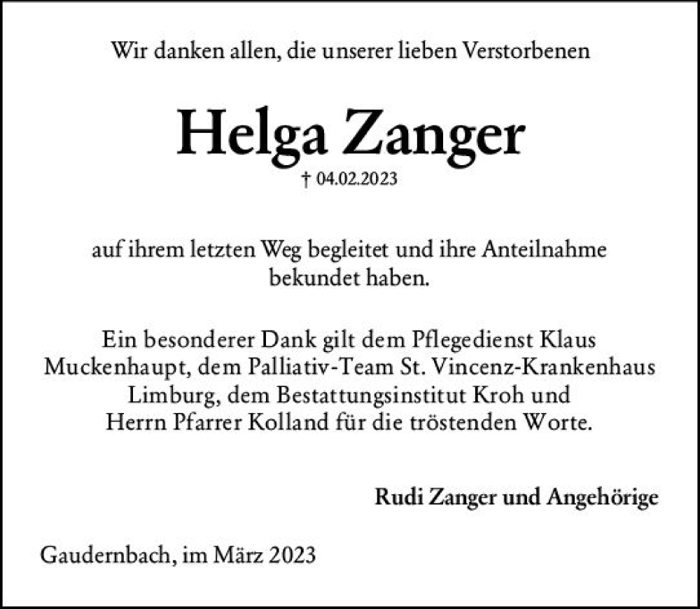  Traueranzeige für Helga Zanger vom 18.03.2023 aus Weilburger Tageblatt