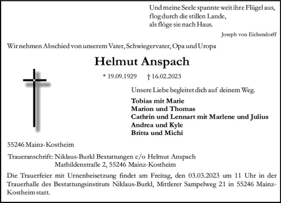 Traueranzeige von Helmut Anspach von Allgemeine Zeitung Mainz