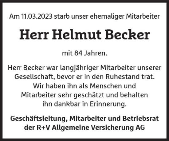 Traueranzeige von Helmut Becker von Wiesbadener Kurier