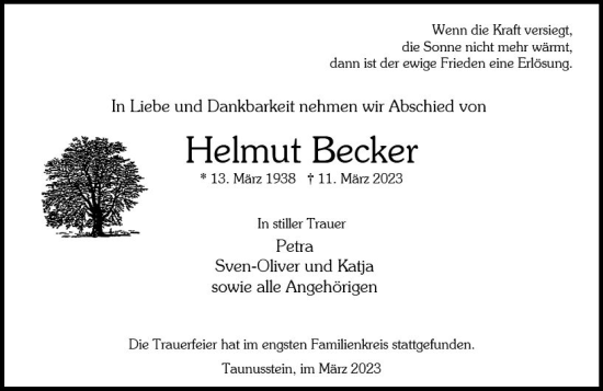 Traueranzeige von Helmut Becker von Wiesbadener Kurier