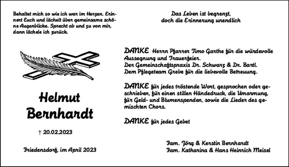  Traueranzeige für Helmut Bernhardt vom 01.04.2023 aus Hinterländer Anzeiger