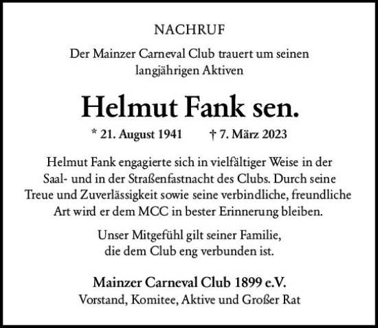 Traueranzeige von Helmut Fank von Allgemeine Zeitung Mainz