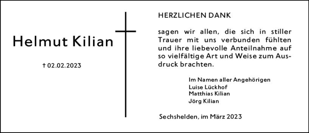  Traueranzeige für Helmut Kilian vom 18.03.2023 aus Dill Block