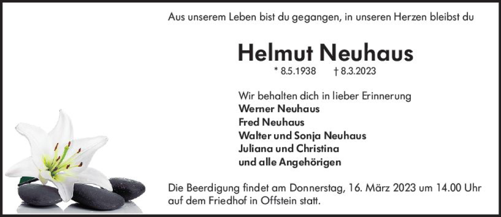  Traueranzeige für Helmut Neuhaus vom 13.03.2023 aus Wormser Zeitung