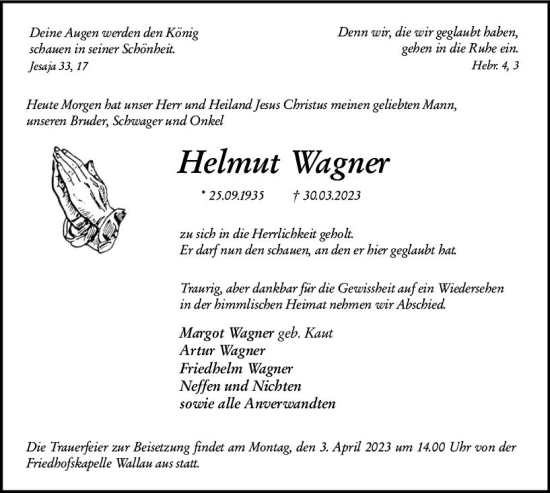 Traueranzeige von Helmut Wagner von Hinterländer Anzeiger