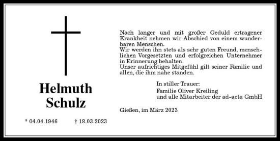 Traueranzeige von Helmuth Schulz von Wetzlarer Neue Zeitung