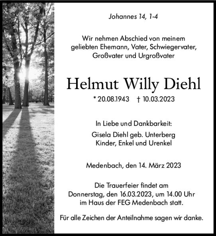  Traueranzeige für Helmut Willy Diehl vom 14.03.2023 aus Dill Block