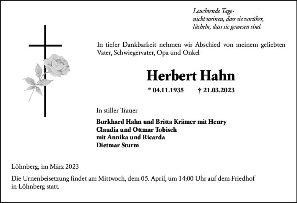  Traueranzeige für Herbert Hahn vom 29.03.2023 aus Weilburger Tageblatt